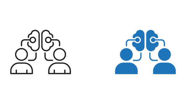 Brain synergy and collaborative knowledge sharing between professionals vector icon set