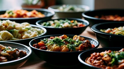 Fototapeta premium A colorful arrangement of homemade pasta dishes in bowls showcasing fresh appetizing food on a wooden surface