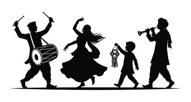 Indian Folk Festival and Wedding Silhouette Vector Set, Traditional Musicians with Dhol Shehnai and Dancer with Lantern Black Shapes Isolated on White Background