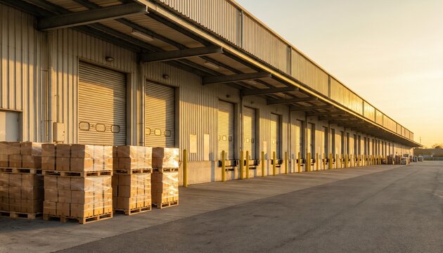 Large warehouse with metal siding and multiple loading docks and stacked cardboard boxes on pallets