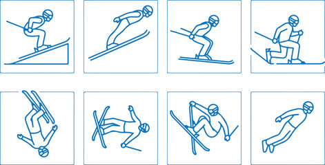 Ski jumping competition series with athletes performing aerial maneuvers on snow ramps. © Sadhin