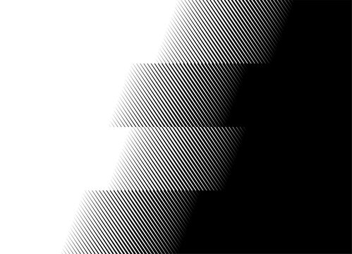 Smooth Vector transition from black to white. Wide Broken stripes. Diagonal pattern with halftone from lines. Design element. Modern divided, vector background for covers, advertising, packaging.