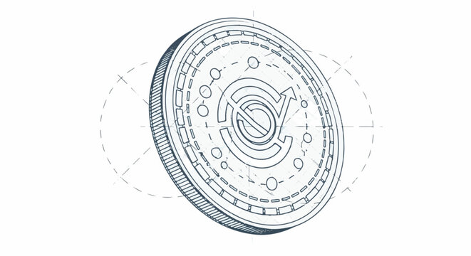 Blueprint of a circular digital currency coin with intricate design and guidelines