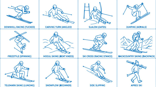 Diverse ski techniques shown from downhill to snowplow beginner, ski cross and telemark.