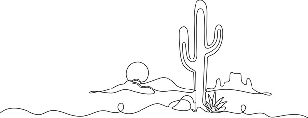 Continuous line drawing Desert landscape, cactus, sunset, line art, vector illustration, desert scene, minimalist design © Rahul Dev