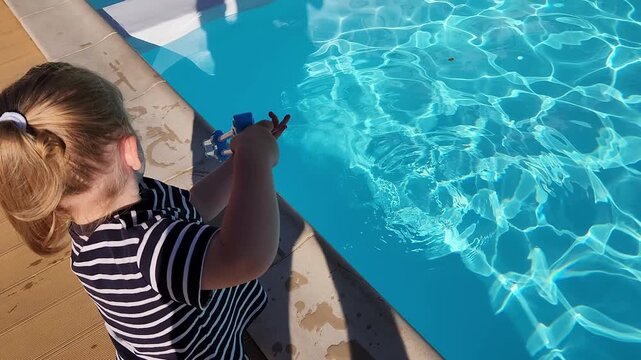 Close-up of a toddler holding a blue plastic water toy by the pool