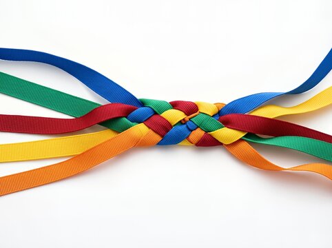 Vivid fabric strands woven in a decorative knot against a plain white backdrop, showcasing vibrant colors.