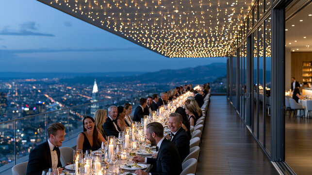 A photorealistic high-angle view of a grand corporate anniversary banquet on a premium rooftop terrace, long elegantly decorated dining tables lit by overhead fairy lights and cand