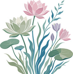 Fototapeta premium Isolated on Elegant color silhouette design of aquatic plants and flowers vector art on white background