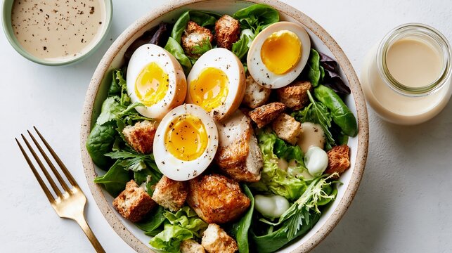 Chicken salad with greens, eggs, and croutons served in a bowl. Dressing sits beside it on a white table. Healthy meal, seen from above.