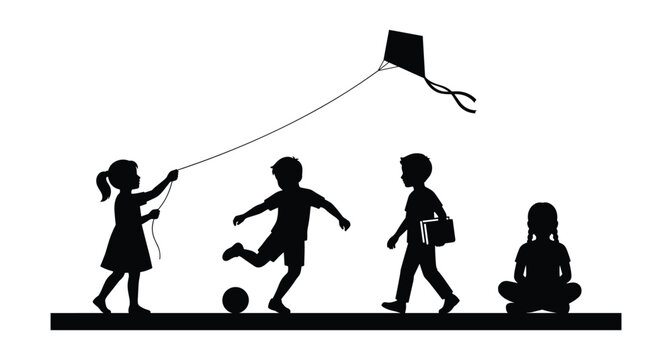Indian Village Children Playing and School Silhouette Vector Set, Rural Kids Flying Kite Playing Football and Walking with Books Black Shapes Isolated on White Background