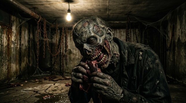 A Gory Zombie Eating Raw Flesh in a Dark Creepy Basement