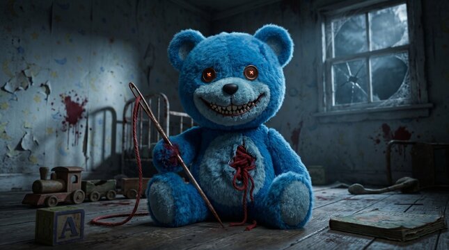 Gory and creepy blue teddy bear in a scary abandoned room