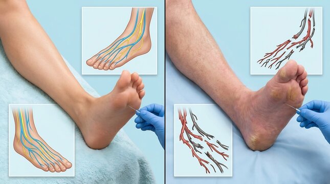 Comparison of healthy and diseased foot with anatomical diagrams showing nerve and vessel damage for medical education