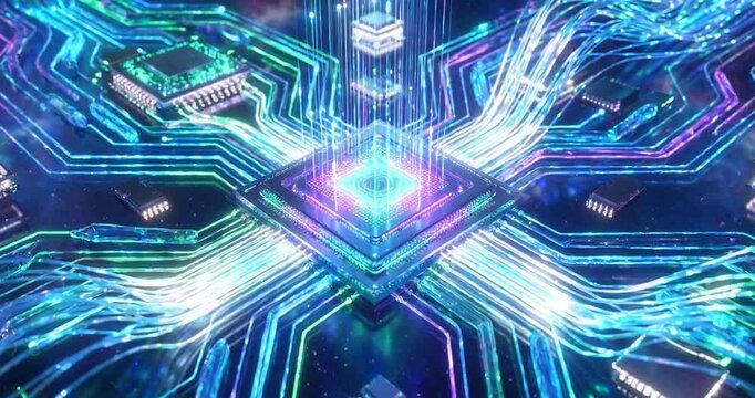 Microchip circuit board data flow neon futuristic artificial intelligence digital network processor glowing technology, quantum computing cyberspace, abstract neon data stream futuristic circuit