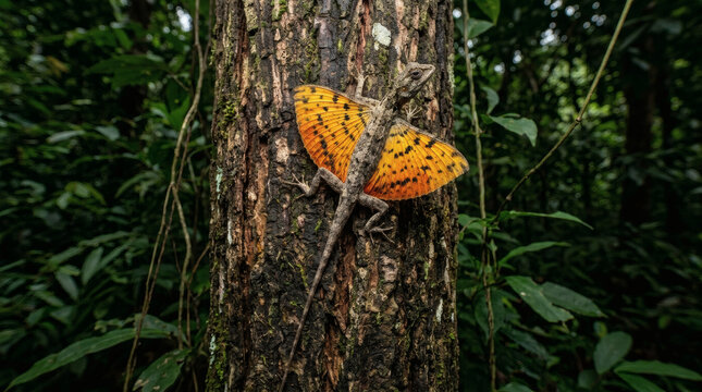 Draco flying lizard with orange wings climbing a tree trunk