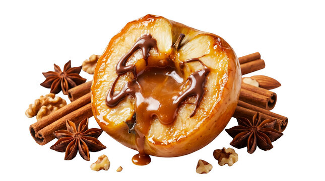 Baked apple with caramel sauce and chocolate isolated on transparent background