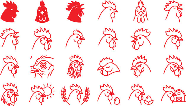 Chicken heads and combs variety of rooster and hen profiles detailed line art icons.