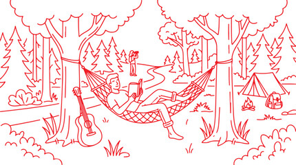 Camping scene red line art man reading in hammock guitar tent campfire trees. © Sadhin