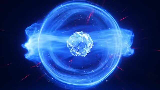 A striking digital artwork showcases a crystalline sphere suspended in a dark blue void, flanked by vibrant red energy trails, creating a dynamic and futuristic composition.