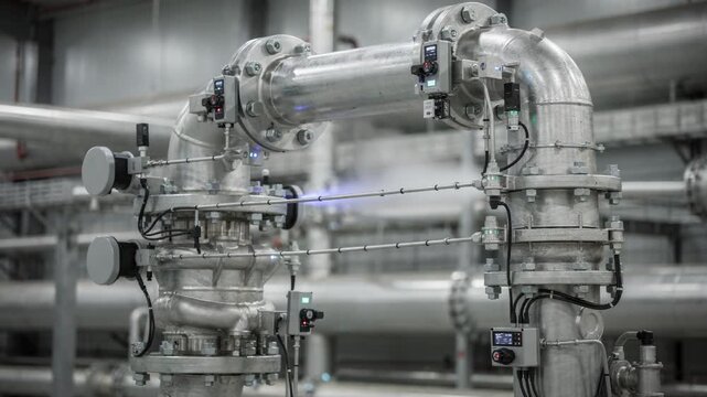 Medium shot of an industrial piping loop with inline sensors capturing realtime corrosion data showcasing the integration of advanced monitoring technology