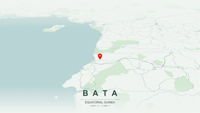 Modern minimalist vector map of Bata, Equatorial Guinea. High-quality scalable illustration of Bata city grid, historic Central Market layout, Paseo Maritimo waterfront axis for posters and design.