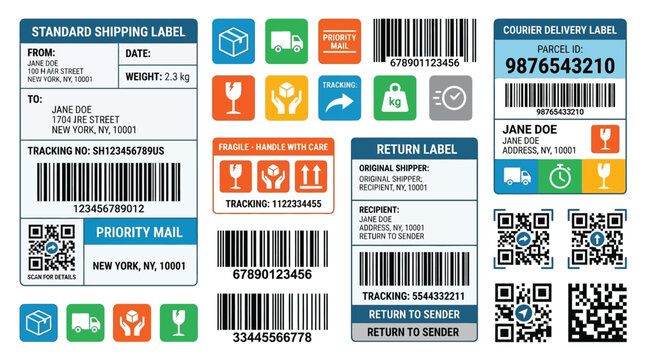 shipping labels with barcodes and icons priority