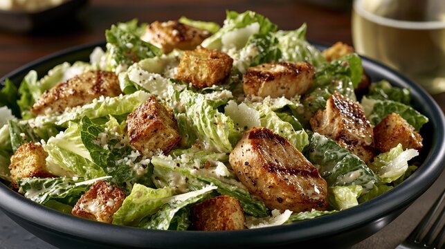 Chicken Caesar salad sits on a dark table, topped with lettuce, croutons, and cheese.
