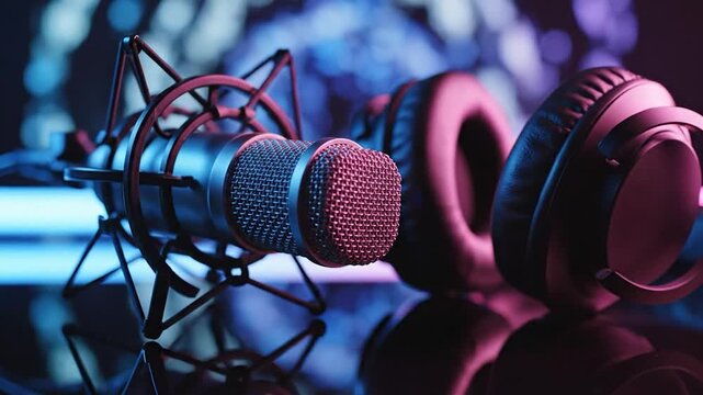 Professional studio condenser microphone and headphones on reflective surface with blue and pink neon bokeh lighting