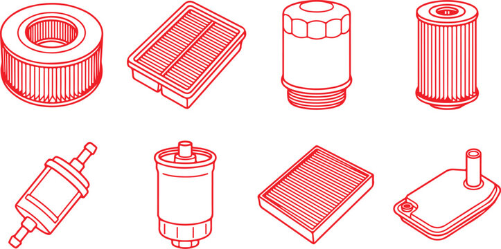 Automotive filter set isometric icons red line art on transparent background vector.