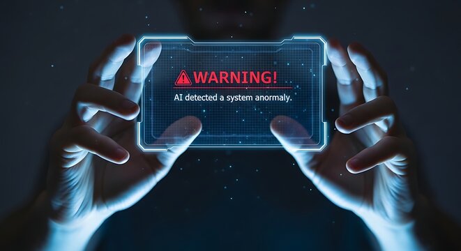 Hands holding digital interface with system warning message for cybersecurity threat and internet data protection, security