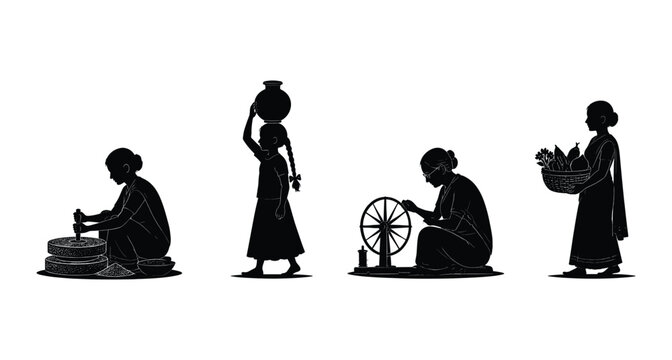 Indian Village Women Daily Chores Silhouette Vector Set, Rural Female Characters with Charkha Water Pot and Grinding Stone Black Shapes Isolated on White Background