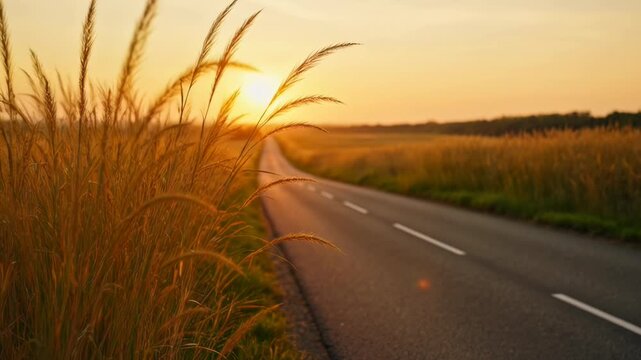 A serene sunset illuminates a rural landscape with tall grasses bordering a quiet road, creating a peaceful and picturesque scene.