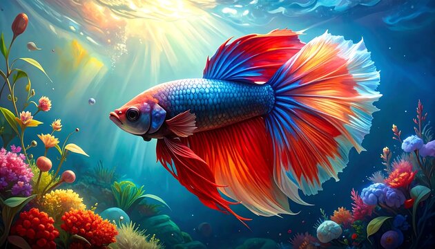 A vibrantly colored Siamese fighting fish swims amidst colorful aquatic plants, with light rays piercing the surface
