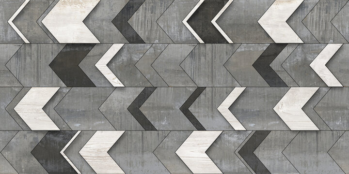 Industrial concrete arrow pattern, geometric chevron wall texture, gray cement tile background with directional pointers and architectural stone finish