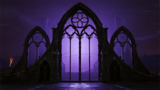 Gothic pointed-arch tracery windows glow faintly in purple night, the retro architectural silhouette exuding dark mysterious religious atmosphere.