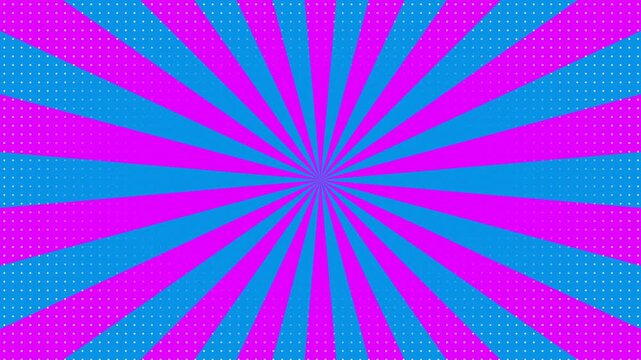 Comic book radial sunburst with halftone dots rotating in pink and blue colors for retro pop art video background transition