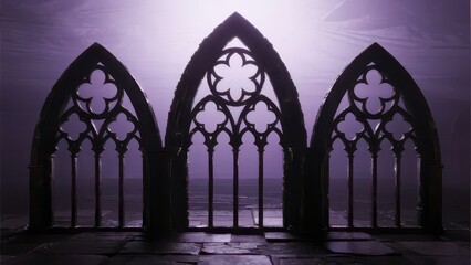 Obraz premium Gothic pointed-arch tracery windows glow faintly in purple night, the retro architectural silhouette exuding dark mysterious religious atmosphere.