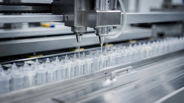 Medium shot of an automated machine accurately dispensing silicone adhesive into cartridges highlighting precision in industrial sealing processes