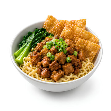 Indonesian Chicken Noodles (Mie Ayam) Isolated on White Background, Traditional Street Food Bowl