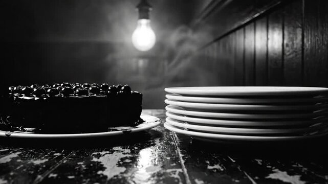 Black and white still life cinematic of a chocolate cake and plates under a hanging light in a dim, moody room