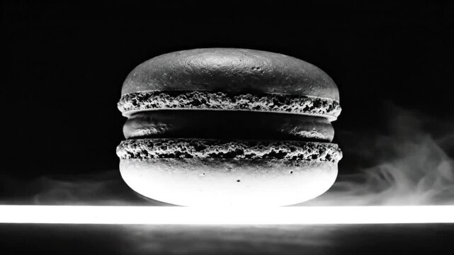 Dramatic monochrome shot of a gourmet macaron with a glowing base and atmospheric fog in a studio setting.