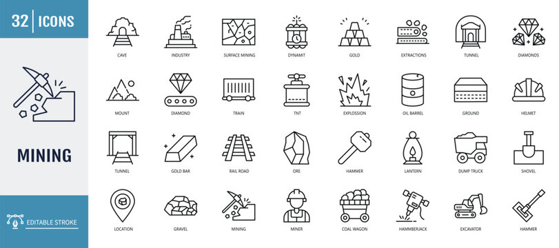 Mining icon set. including minerals, gold, pickaxe, miner, excavator, diamond, coal wagon,  gold panning, and more. outline icon set. vector illustration with editable stroke