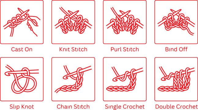 Educational collection of eight crochet and knitting stitch icons showing techniques with needles.