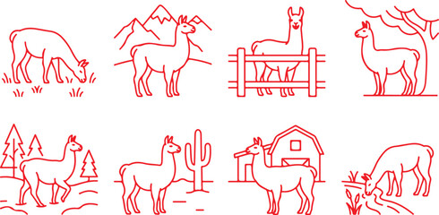 Obraz premium Set of eight linear llama icons featuring animals in diverse landscapes and settings for design use.
