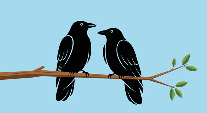 Two black crows perched on a branch against blue sky background