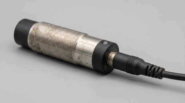 Close-up of a high-precision cylindrical sensor for industrial automation and precise positional feedback