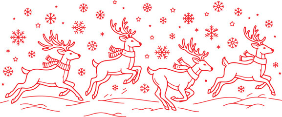 Christmas reindeer and snowflakes seamless border red line art on transparent background. © Sadhin