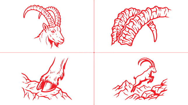 Detailed red line art illustrations of ibex goat heads horns and jumping on transparent.