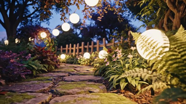 A serene garden pathway illuminated by string lights at dusk 4k video